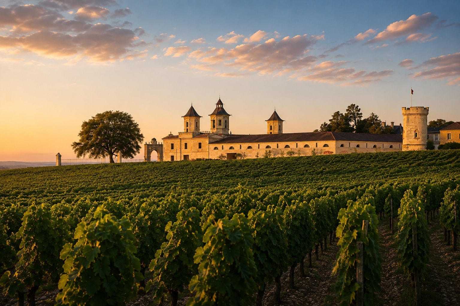 Saint-Estèphe vineyards in Bordeaux, France, with historic château in the Médoc landscape