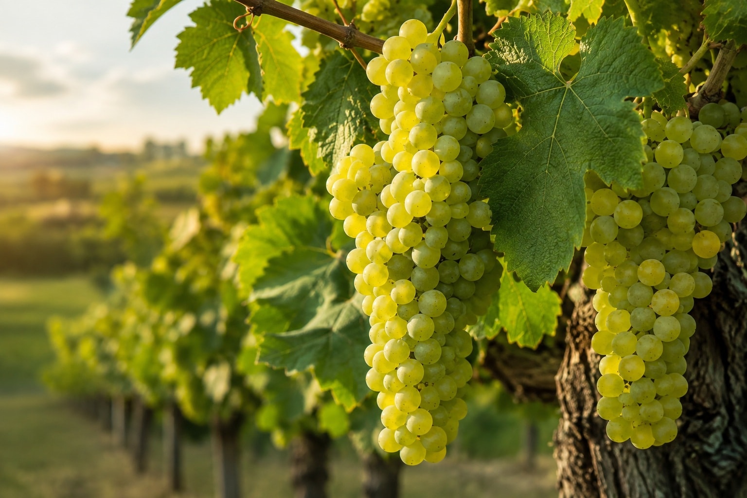Sauvignon Blanc grapes ripening on the vine in a sunlit vineyard