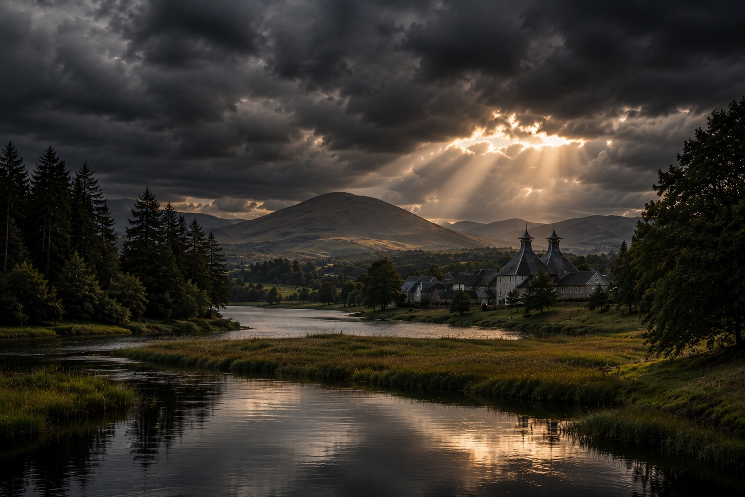 Speyside whisky region in Scotland with River Spey, rolling hills and a traditional Scotch whisky distillery