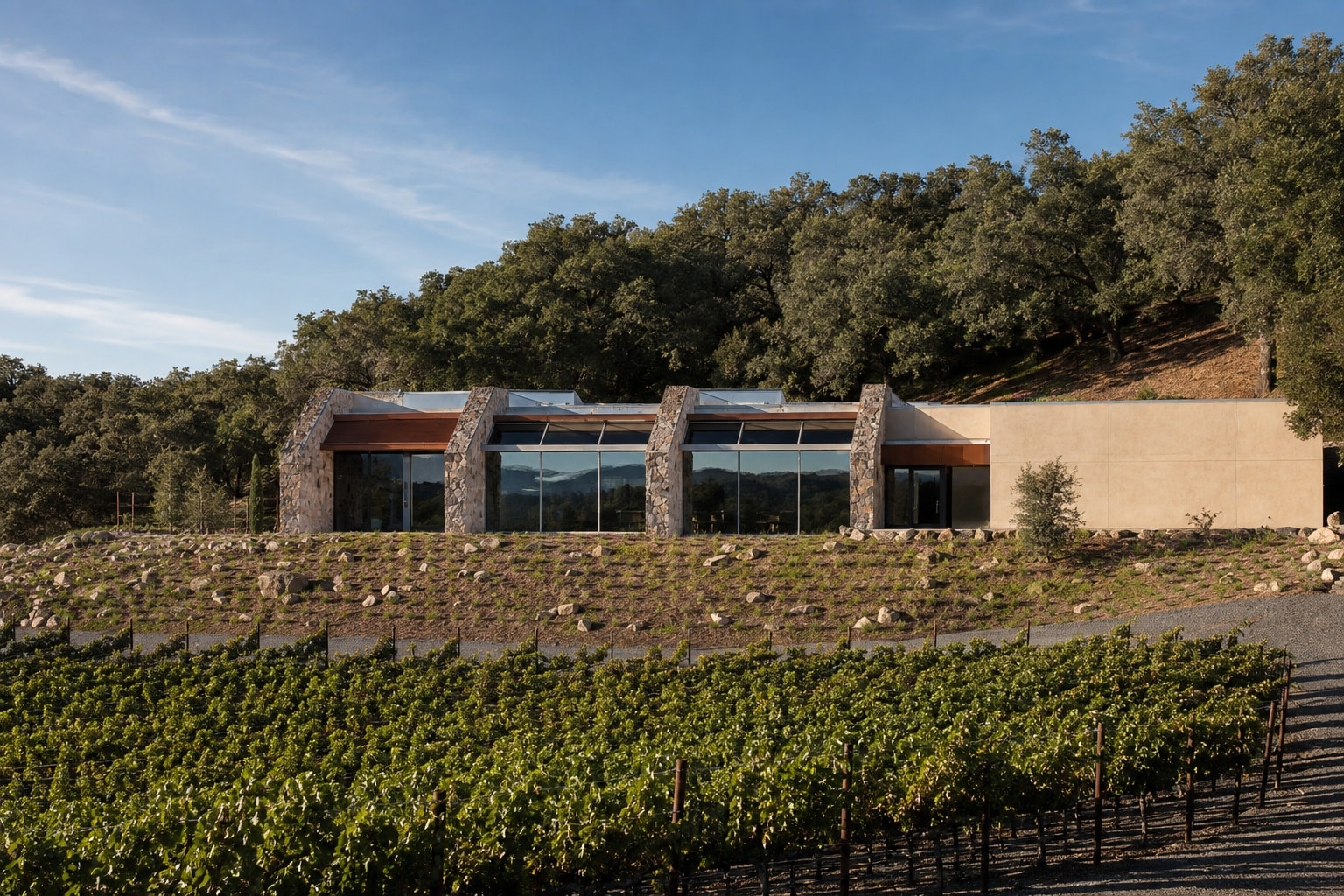 Stag’s Leap Wine Cellars besökscenter med utsikt över vingårdar i Napa Valley, USA