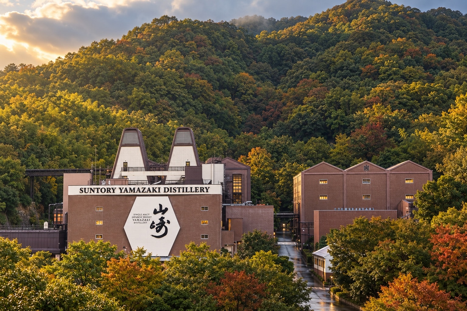 Suntory Yamazaki Distillery surrounded by autumn woodland near Osaka, Japan
