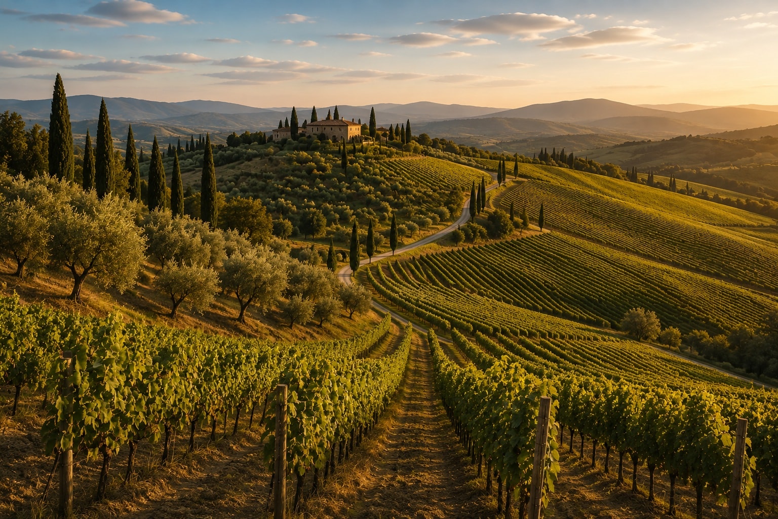 Tuscany vineyards in Italy with rolling hills, cypress trees, olive groves and a traditional Tuscan estate