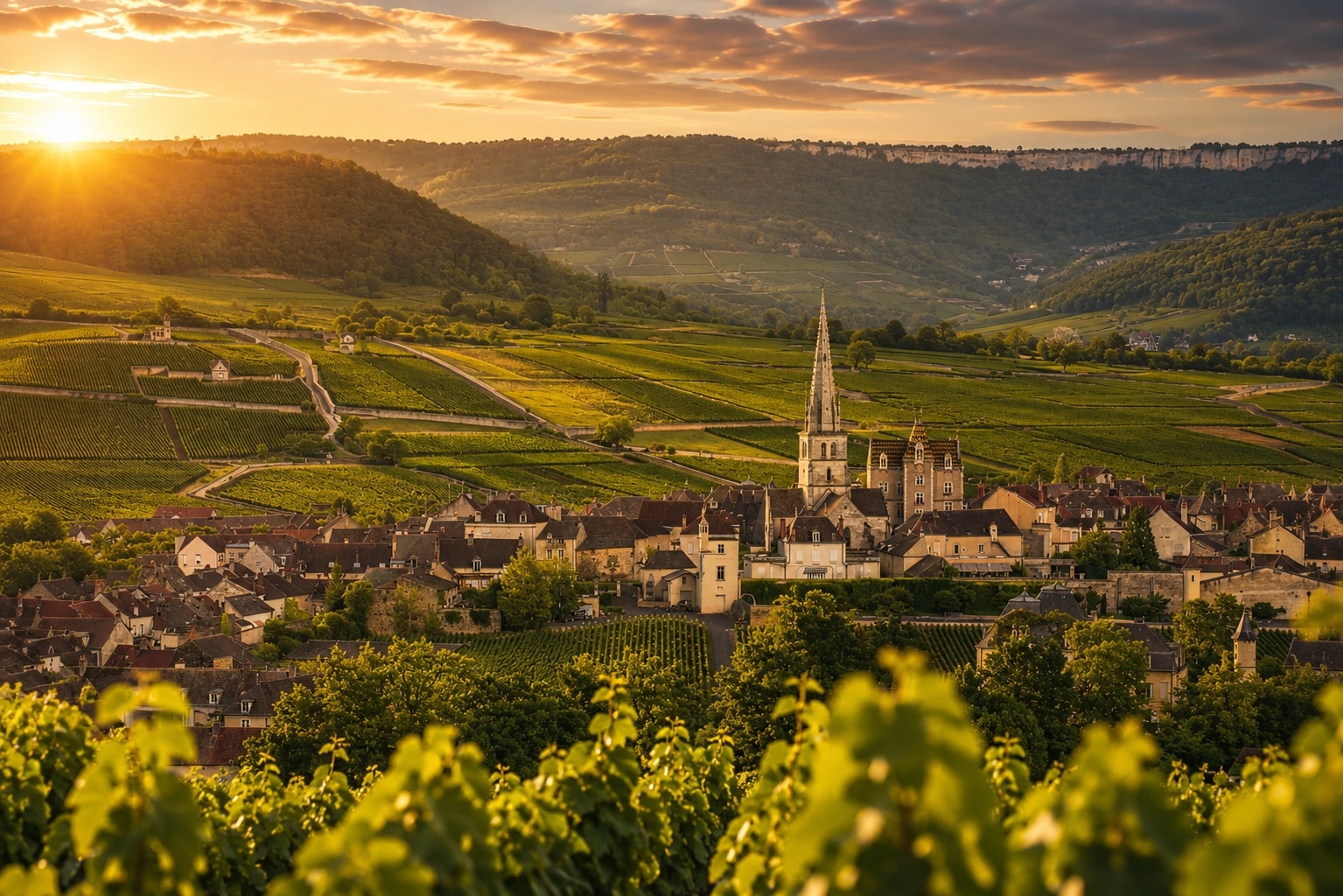 Vineyards overlooking Meursault in Burgundy, one of the world's most renowned regions for premium white wines.