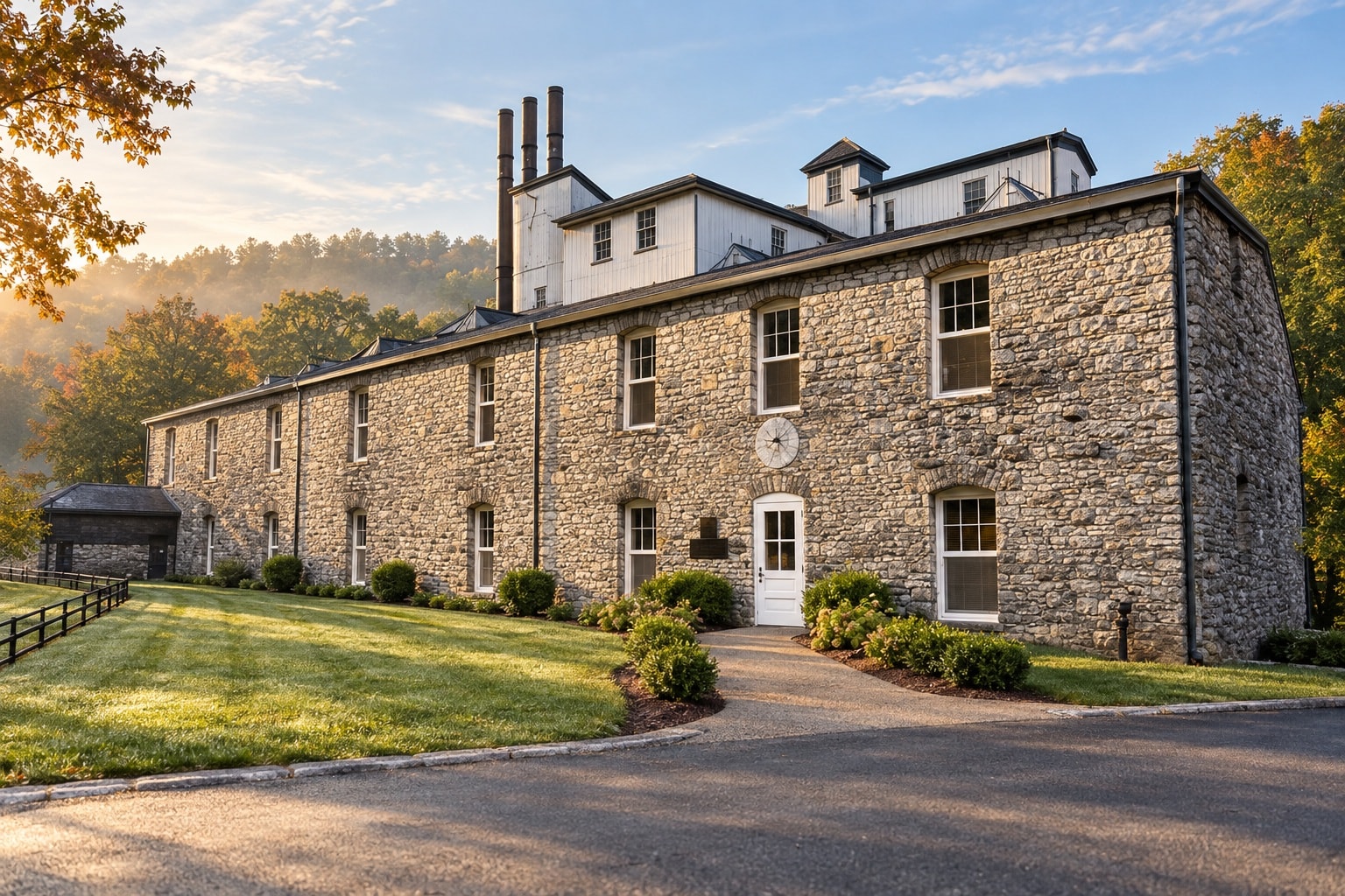 Woodford Reserve Distillery at sunrise amid autumn foliage in Versailles, Kentucky